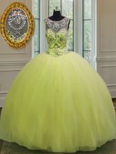  Sleeveless Tulle Floor Length Lace Up Quince Ball Gowns in Yellow Green with Beading