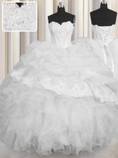  Floor Length White Sweet 16 Dresses Organza Sleeveless Beading and Appliques and Ruffles and Pick Ups