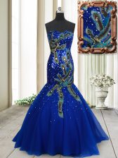 Stunning Blue Mermaid Beading and Appliques and Sequins Prom Dress Lace Up Tulle Sleeveless