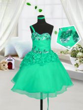 Customized One Shoulder Sleeveless Lace Up Knee Length Beading and Hand Made Flower Little Girls Pageant Dress Wholesale