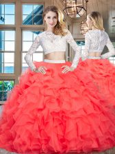  Scoop Red Organza Zipper Quinceanera Gowns Long Sleeves Floor Length Beading and Lace and Ruffles