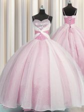 Fashion Spaghetti Straps Rose Pink Ball Gowns Beading and Ruching Sweet 16 Dress Lace Up Organza Sleeveless Floor Length