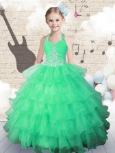  Halter Top Organza Sleeveless Floor Length Party Dress for Toddlers and Beading and Ruffled Layers