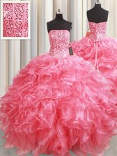 Glittering Organza Strapless Sleeveless Lace Up Beading and Ruffles Quinceanera Gowns in Pink