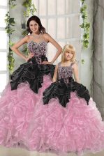 Amazing Pink And Black Lace Up Sweetheart Beading and Ruffles Ball Gown Prom Dress Organza Sleeveless