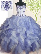 Stylish Beading and Ruffles 15 Quinceanera Dress Blue And White Lace Up Sleeveless Floor Length