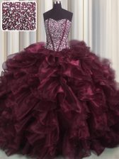 Designer Visible Boning Bling-bling With Train Burgundy Quinceanera Gown Organza Brush Train Sleeveless Beading and Ruffles