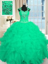  Turquoise Lace Up Vestidos de Quinceanera Beading and Ruffles and Pattern Cap Sleeves Floor Length