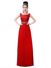 Beautiful Floor Length Red Prom Gown Bateau Sleeveless Zipper