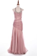  Halter Top Pink Sleeveless With Train Beading Side Zipper Evening Dress