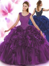 Customized Scoop Organza Sleeveless Floor Length Sweet 16 Quinceanera Dress and Beading and Ruffles