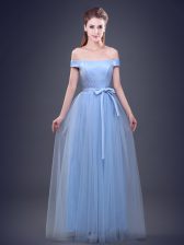 Empire Damas Dress Light Blue Off The Shoulder Tulle Sleeveless Floor Length Lace Up