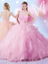  Rose Pink Sleeveless Floor Length Beading and Ruffles Lace Up 15th Birthday Dress