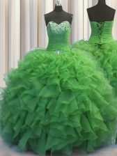 Inexpensive Beaded Bust Floor Length Green Vestidos de Quinceanera Sweetheart Sleeveless Lace Up