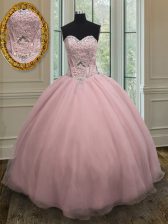  Baby Pink Lace Up Quince Ball Gowns Beading and Belt Sleeveless Floor Length