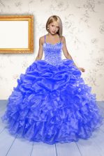  Pick Ups Floor Length Ball Gowns Sleeveless Blue Little Girls Pageant Dress Lace Up