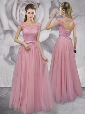  Pink Scoop Neckline Lace and Ruching and Bowknot Prom Evening Gown Cap Sleeves Lace Up