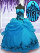  Blue Ball Gowns Embroidery Quinceanera Gown Lace Up Organza Sleeveless Floor Length