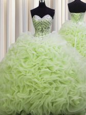  Rolling Flowers Brush Train Yellow Green Sleeveless Floor Length Beading and Pick Ups Lace Up Sweet 16 Quinceanera Dress