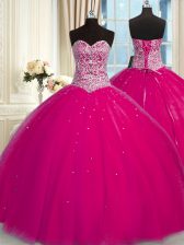 Modest Halter Top Sequins Fuchsia Sleeveless Tulle Lace Up 15 Quinceanera Dress for Military Ball and Sweet 16 and Quinceanera