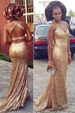  Halter Top Sleeveless Sequined With Brush Train Criss Cross Evening Dress in Gold with Sequins