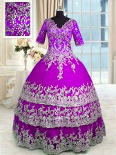  Half Sleeves Floor Length Appliques and Ruffled Layers Zipper Quinceanera Gown with Purple