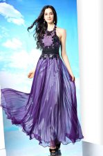 High Quality Halter Top Purple Sleeveless Lace Floor Length Prom Party Dress