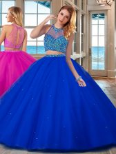  Royal Blue Sweet 16 Dress Military Ball and Sweet 16 and Quinceanera with Beading High-neck Sleeveless Lace Up