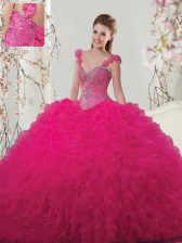  Straps Sleeveless Quince Ball Gowns Floor Length Beading and Ruffles and Hand Made Flower Hot Pink Tulle