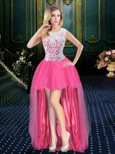 Luxurious Scoop Sleeveless High Low Beading Zipper Prom Evening Gown with Hot Pink Brush Train