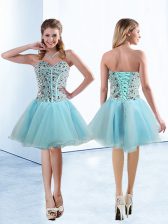 Great Light Blue A-line Sweetheart Sleeveless Organza Knee Length Lace Up Beading Prom Party Dress