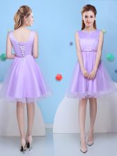  Scoop Sleeveless Knee Length Bowknot Lace Up Damas Dress with Lavender