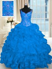 Elegant Blue 15th Birthday Dress Organza Brush Train Sleeveless Beading and Embroidery and Ruffles and Pick Ups