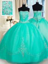  Floor Length Turquoise 15 Quinceanera Dress Strapless Sleeveless Lace Up