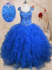  Straps Beading and Ruffles Quinceanera Gown Blue Lace Up Cap Sleeves Floor Length