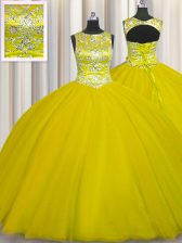  Scoop Gold Sleeveless Beading Floor Length 15th Birthday Dress