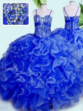 Captivating Blue Sleeveless Floor Length Beading and Ruffles Lace Up Quinceanera Gown