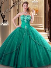 Comfortable Dark Green Tulle Lace Up Sweet 16 Dress Sleeveless Floor Length Embroidery