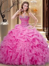 Excellent Rose Pink Lace Up Quince Ball Gowns Beading and Ruffles and Pick Ups Sleeveless Floor Length
