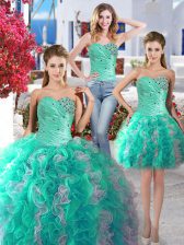  Three Piece Ball Gowns Sleeveless White and Turquoise Sweet 16 Dresses Lace Up