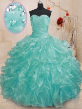 Elegant Teal Sleeveless Organza Lace Up Quince Ball Gowns for Military Ball and Sweet 16 and Quinceanera