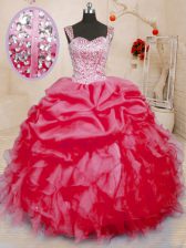 Fitting Coral Red Ball Gowns Beading and Ruffles and Pick Ups Sweet 16 Dress Lace Up Organza Sleeveless Floor Length