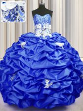 New Style Royal Blue Taffeta Lace Up Sweet 16 Dress Sleeveless With Brush Train Appliques and Sequins and Pick Ups