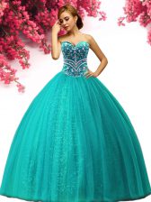  Turquoise Tulle Lace Up Sweetheart Sleeveless Floor Length Quinceanera Dress Beading