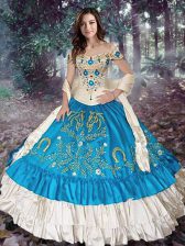 Extravagant Off the Shoulder Teal Ball Gowns Embroidery and Ruffled Layers Quinceanera Dresses Lace Up Taffeta Cap Sleeves