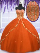  Orange Red Ball Gowns Tulle Sweetheart Sleeveless Beading Floor Length Lace Up Quinceanera Gowns
