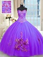  Floor Length Lace Up Quince Ball Gowns Purple for Military Ball and Sweet 16 and Quinceanera with Beading and Appliques and Embroidery