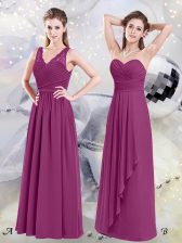  Fuchsia V-neck Neckline Lace and Ruching Dama Dress for Quinceanera Sleeveless Side Zipper