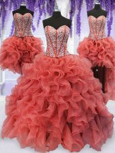  Four Piece Coral Red Organza Lace Up Vestidos de Quinceanera Sleeveless Floor Length Beading and Ruffles