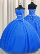 Fantastic Handcrafted Flower Blue Ball Gowns Tulle Strapless Sleeveless Beading and Sequins and Hand Made Flower Floor Length Lace Up Quinceanera Dress